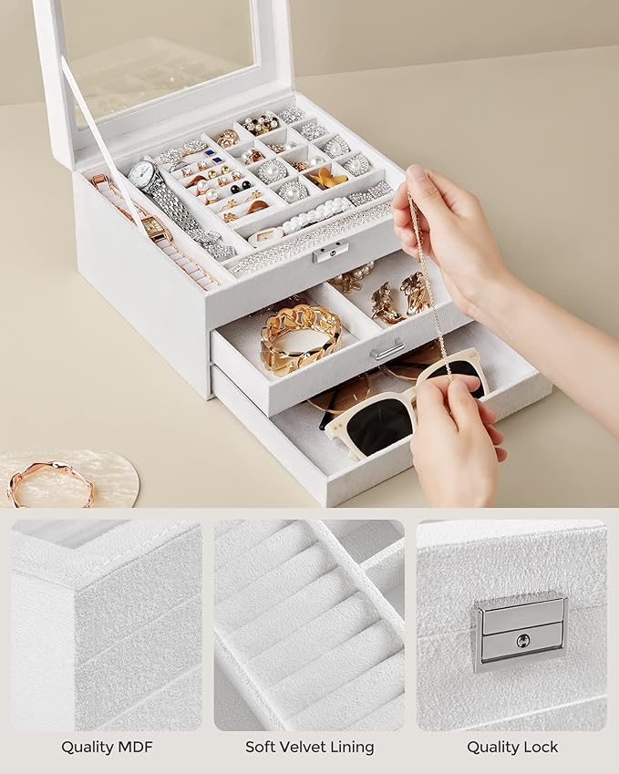 SONGMICS Jewelry Box, Lockable Jewelry Storage Organizer, Jewelry Case with Glass Window, for Rings, Earrings, Studs, Bracelets, Necklaces, White UJBC158W01