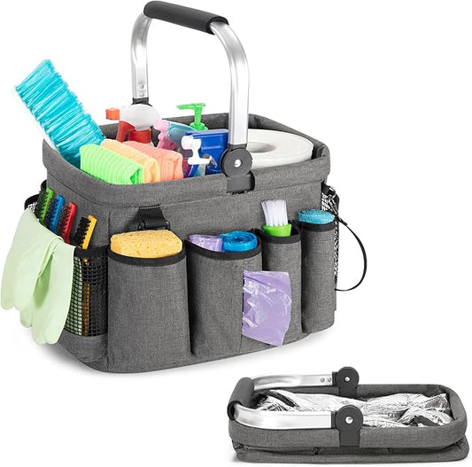 Cleaning Caddy Organizer with Handle, Cleaning Tote Bag with Multiple Pockets for Cleaning Supplies, Products Storage, Housekeepers, Car Cleaning, Grey