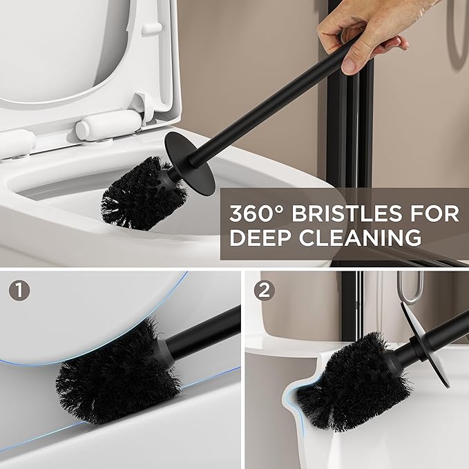 FORIOUS Toilet Brush and Holder Set, 304 Stainless Steel Heavy Duty Base and Handle for Bathroom Deep Cleaning, Toilet Bowl Cleaners Brush with Holder, Space Saving for Storage (1, Matte Black)