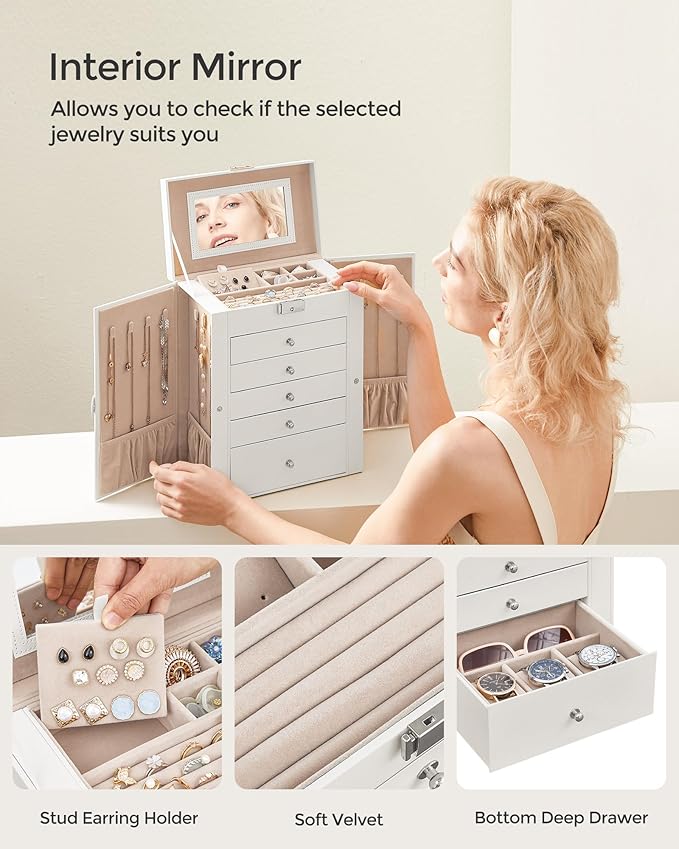 SONGMICS 6-Layer Jewelry Box Organizer with 5 Drawers, Jewelry Storage Case with Lock and Mirror, Large Storage Capacity, Gift for Loved Ones, for Necklaces, Watches, White UJBC152W01