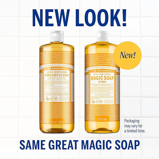 Dr. Bronner's Magic Soap-Pure-Castile Liquid Soap (Citrus, 32oz, 2-Pack)-Regenerative Organic Certified Oils, 18-in-1 Uses: Body, Hair, Laundry, Pets & Dishes, Concentrated, Vegan, Non-GMO