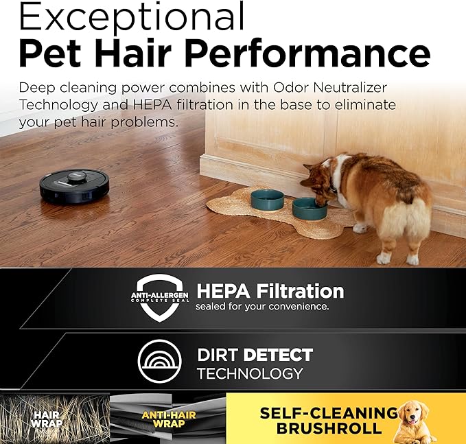 Shark PowerDetect Self-Empty Robot Vacuum with NeverStuck Technology, Auto Deep-Clean Carpets & Hardfloors, 30 Day Capacity HEPA Bagless Base, for Pet Hair, WiFi Black, AV2820S