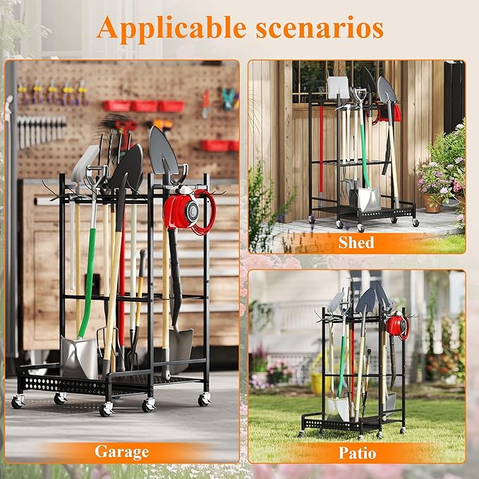 Garden Tool Organizer with Wheels, Heavy-Duty Steel Garage Tool Storage Rack, 360° Rotating Yard Tool Stand for Long-Handled Tools, Lawn Tool Holder for Shovels Rakes Mops Brooms