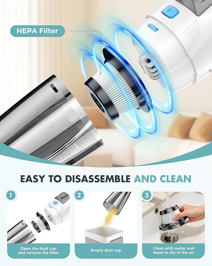 Handheld Vacuum Cordless 25000PA Powerful Suction, Portable Car Vacuum, 3 in 1 Hand Held Vacuum Rechargeable 8000mAh with LED Light, HEPA Filter, Home, Car Seats, Office, Pet Hair Blue+White
