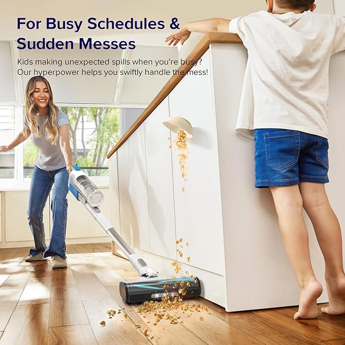 LEVOIT Cordless Stick Vacuum, Anti-Tangle, LED Headlights, Removable Battery, Self-Standing, Strong Suction, for Pet Hair, Hard Floor, Carpet, LVAC-200 White&Blue