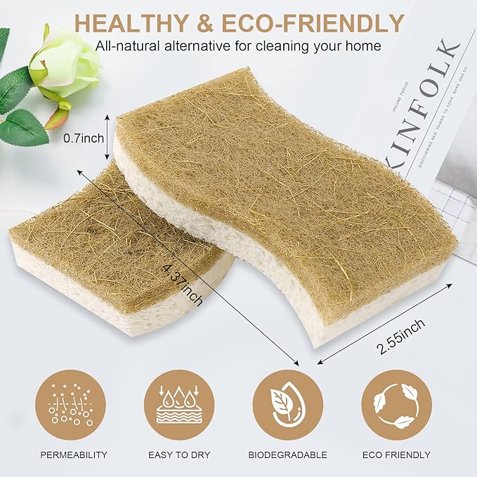 12 Pack Natural Sponges,Kitchen Sponge,Natural Dish Sponges for Washing Dishes,Biodegradable Compostable Cellulose and Coconut Scrubber Sponge for Kitchen,Non-Scratch,Odor Free