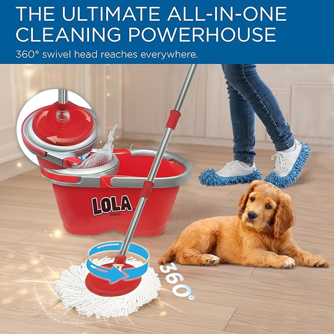 LOLA Revolution Deluxe Spin Mop & Bucket, w/ 3 Microfiber Washable Heads, 1 Pair Microfiber Mop Slippers, Fast Dry, Deep Clean Floors & Hands-Free Wringer, Easy Spin Dry, NO EXHAUSTIVE Foot Pedal