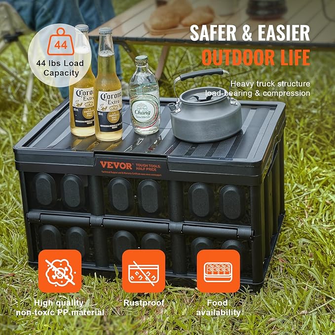 VEVOR 45L Collapsible Storage Bins with Lids 3 Packs, Stackable Utility Crates with Handles, Large Folding Containers for Organizing Tools, Snacks, Books, Food, Drinks, Camping & Transport