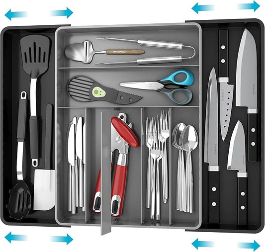 Simple Houseware Expandable Kitchen Drawer Flatware Organizer, Black/Gray