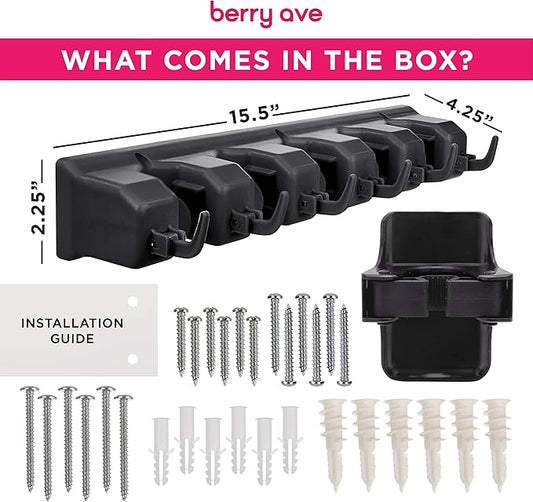 Combo 5 Slot Broom Holder w/ 1 Self Adhesive Mop Gripper No-Drilling, Wall Mount Tool Organizers For Kitchen, Garage, Laundry Room- Anti-Slip Hanger For Brooms, Mops, Rakes, Dustpans (Black / Black)