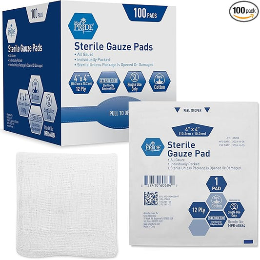 MED PRIDE Sterile Gauze Dressing Pads Individually Wrapped, Nonstick 12-Ply Cotton, Highly Absorbent for Wound Care (4x4 Inch (Pack of 100))