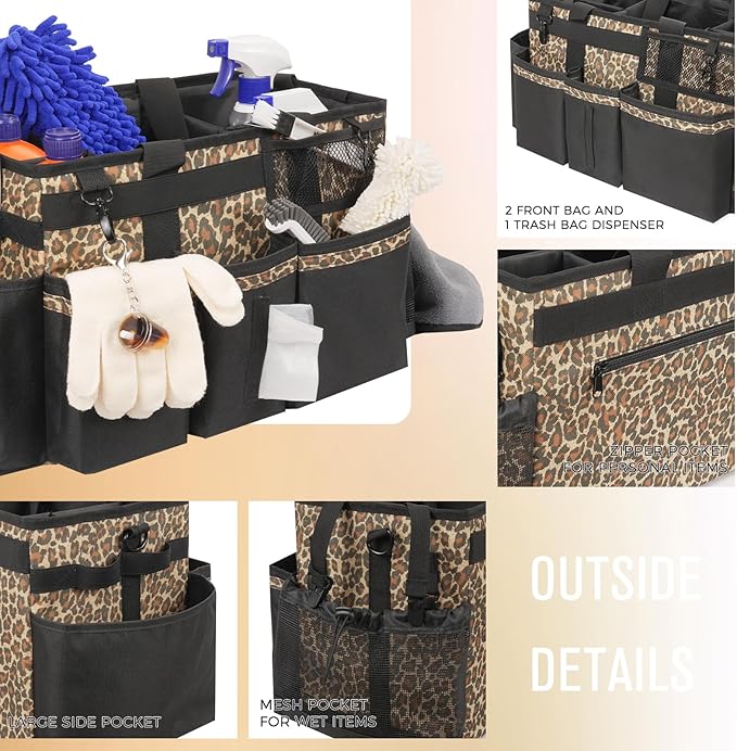 Wearable Cleaning Caddy, Cleaning Caddy Supplies Organizer with Handle & Shoulder Straps for Housekeepers, Under Sink & Car Cleaning Tool Organizers Bag with 4 Foldable Divider (Leopard)