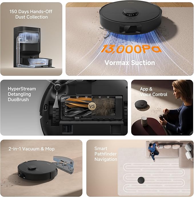 dreame D20 Plus Robot Vacuum and Mop, 13,000Pa Suction, Self-Emptying with 5L Dust Bag, DuoBrush for Pet Hair, LDS Mapping, App & Voice Control, Ideal for Hard Floors & Carpets (Black)