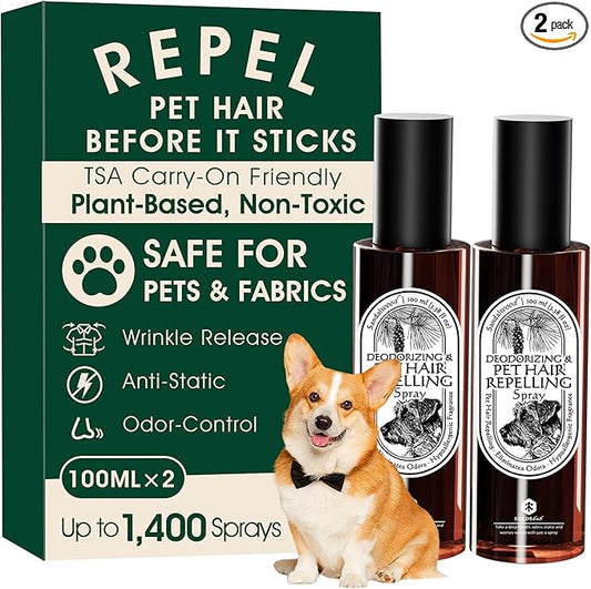 4-in-1 Pet Hair Remover & Odor Neutralizer Spray, Anti Static Wrinkle Release, Plant Based Enzymes, Safe for Pets, Fabrics & Furniture, Refresh Pine Nut Scent, 6.76 fl oz, 2 Travel Pack