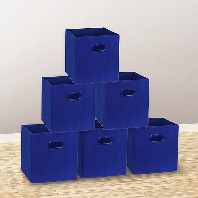 Simple Houseware Foldable Cube Storage Bins with Handles, 11-Inch, Dark Blue, 6-Pack, Fabric Cubes Organizer for Closet or Shelves