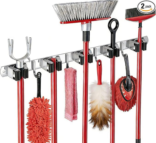 2 Packs 5 Racks and 4 Hooks Mop and Broom Holder Wall Mount, SUS304 Heavy Duty Broom Organizer Storage Tool Racks, Self Adhesive Solid Non-slip Tool Hangers for Home Kitchen Garden Laundry Garage