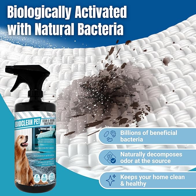 Carpet Cleaner and Deodorizer for Pets - Stain and Odor Treatment | Neutralizes Urine Stains and Eliminates Smell & Residue, Made in The USA - Biocelan Pet by Harvest and Home - 32 oz