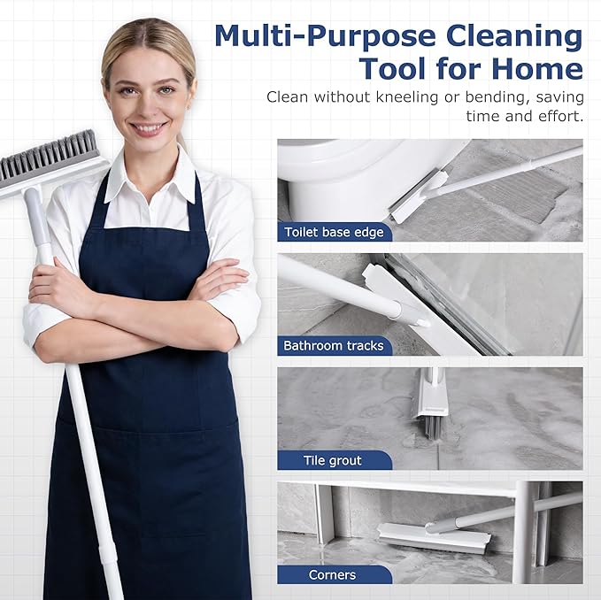 Grout Brush with Long Handle, Floor Cleaning Scrubber with Stiff Bristles for Tile Line, Shower, Crevice, Bathroom, Kitchen and Hard-to-Reach Corners