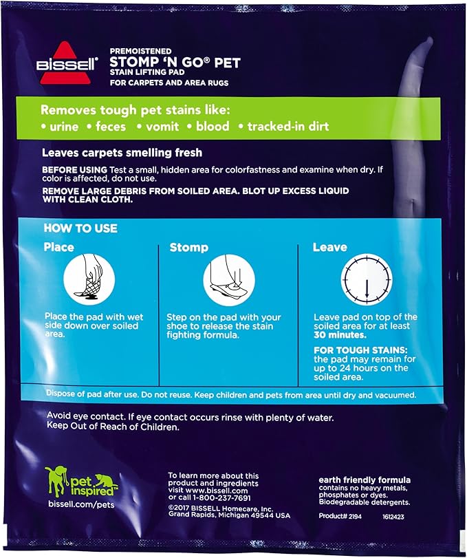 Bissell Stomp 'N Go Pet Lifting Pads + Oxy for Stain Removal on Carpet & Area Rug Cleaning, 40 Pack