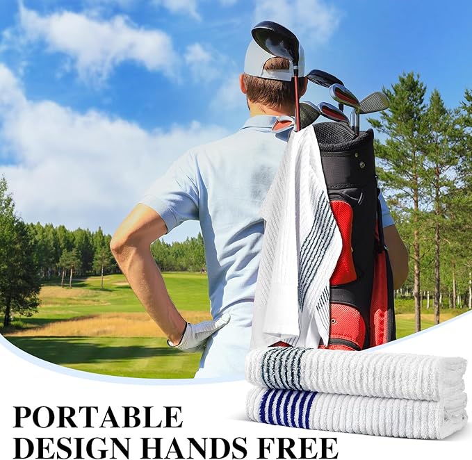 Vabean 2 Pcs 22 x 44 Large Golf Towel Caddie Style Center Cut Caddy Hanging Fast Drying Golf Club Cotton and Polyester Blend Camping Towels(White-Green, White-Blue)