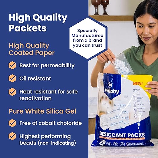 Wallaby 2 gram (1,000 Packets) Food Safe Pure White Silica Gel Desiccant Dehumidifier Packs - Rechargeable & Coated Moisture Absorbers - Protects Against Moisture Damage - (Packed in 200x Sets of 5)