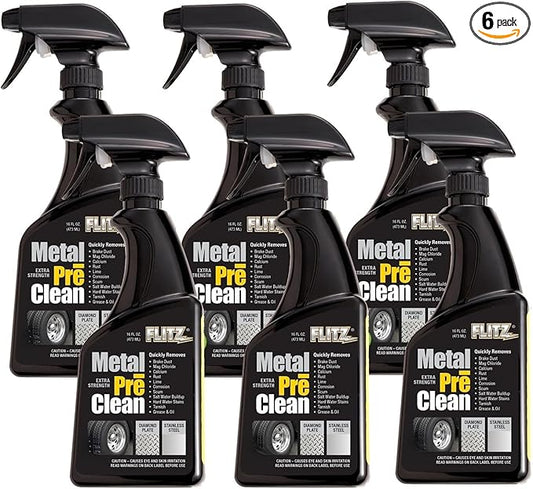 Flitz Metal Pre-Clean - 16oz of USA-Made Stainless Steel Cleaner Spray - Works on Aluminum, Brass, Copper, & More - Tarnish, Rust Remover for Metals - Non-Abrasive Aluminum Deoxidizer (6 Pack)