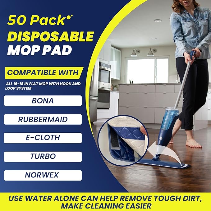 Microfiber Disposable Mop Pad for All 16-18'' Hook & Loop System Mop, Wet Dry Cleaning Pad Compatible with Bona,Rubbermaid,Turbo,Norwex (50 Pack)