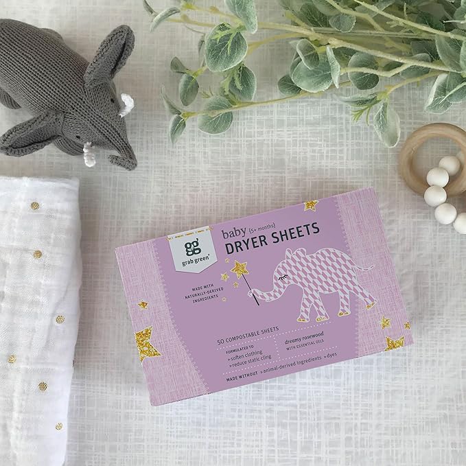 Grab Green Baby Laundry Dryer Sheets, 160 Sheets, Dreamy Rosewood Scent, Plant Based, Softens Clothing and Linens, Reduces Static Cling