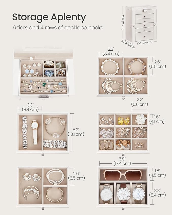 SONGMICS 6-Layer Jewelry Box Organizer with 5 Drawers, Jewelry Storage Case with Lock and Mirror, Large Storage Capacity, Gift for Loved Ones, for Necklaces, Watches, White UJBC152W01
