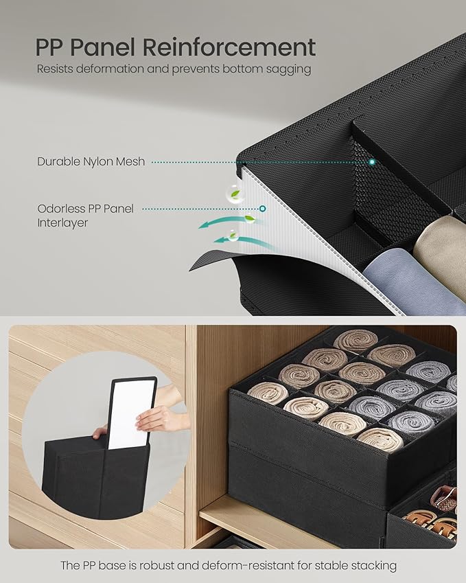 SONGMICS 4 Pack Drawer Organizers, 80 Cells (2x16+2x24), Foldable Dividers, 11.8 x 11.8 x 3.9 Inches, for Socks, Underwear, Ties, Belts, Ink Black URUS011B01