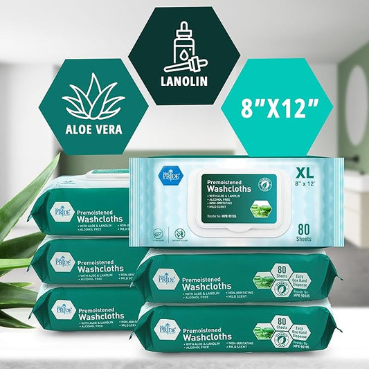 MED PRIDE Extra Soft XL Premoistened Disposable Adult Washcloths 8” X 12” Bath Wipes for Sensitive Skin with Aloe Vera, Case of 480 (80ct, Pack of 6)