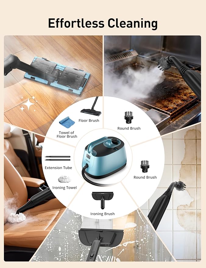 Steam Cleaner, 293°F 58 PSI Powerful Multipurpose Handheld Steam Mop for Home Use, 21 Attachments, 50Oz Capacity, Heavy Duty Steamer for Carpets, Floors, Cars, Tiles, Crack Cleaning, Teal
