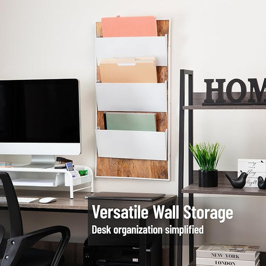 Mind Reader 3-Tier Wall-Mounted File Organizer, Wood and Metal Vertical Rack for Mail, Magazines, and Documents, Metal, Wood, White