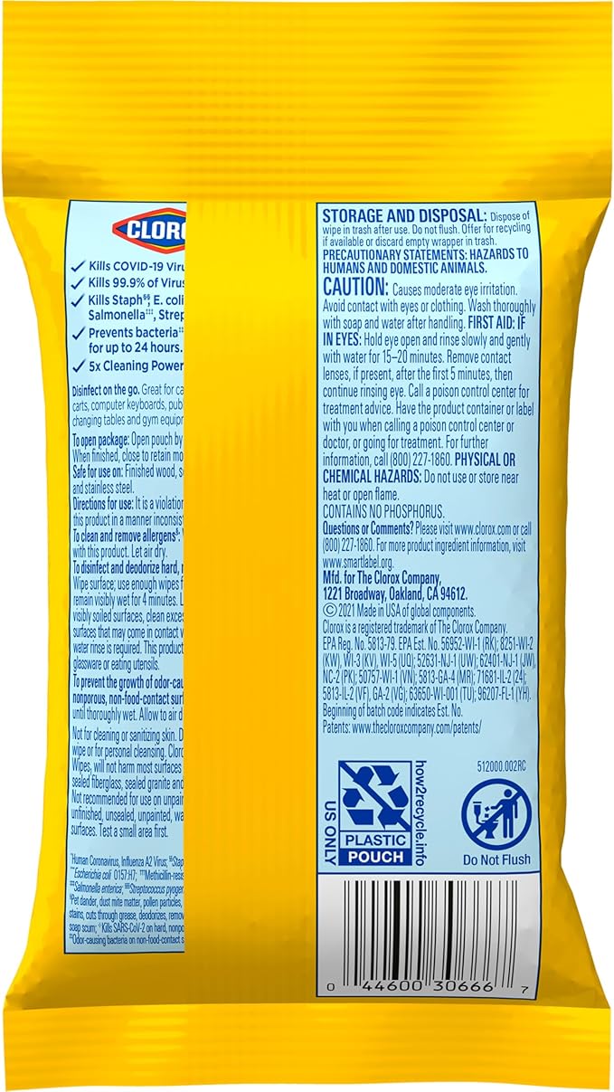 Clorox Disinfecting Wipes On The Go Travel Wipes, Dorm Room Essentials, Crisp Lemon, 9 Count (Package May Vary)