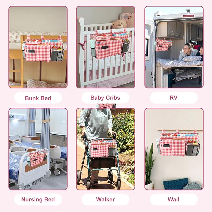 Surblue Bedside Caddy Hanging Bed Organizer Storage Bag Pocket for Bunk and Hospital Beds, College Dorm Rooms Baby Bed Rails, Camp 8 Pockets, (Large, Red Plaid)