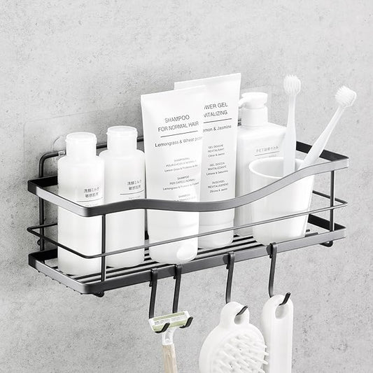 KINCMAX Premium Shower Caddy - Self Adhesive Shower Shelf with 4 Hooks - No Drill Large Capacity Stainless Steel Rack - Aesthetic Organizer for Bathroom Wall Decor - Matte Black
