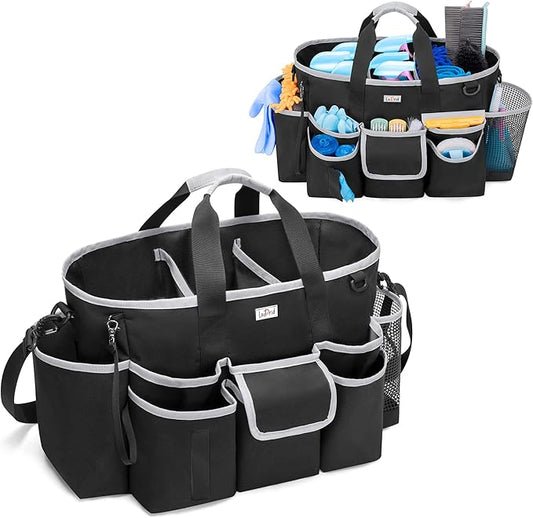 LoDrid Cleaning Caddy Bag with Handle and Shoulder Strap, Cleaning Supplies Organizer for Cleaning Work with 3 Compartments and Multifunctional Pockets, Black with Gray Edge