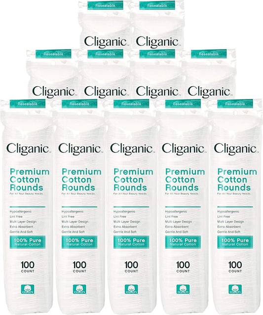 Cliganic Premium Cotton Rounds for Face (Bulk 1200 Count) Makeup Remover Pads, Hypoallergenic, Lint-Free | 100% Pure Cotton