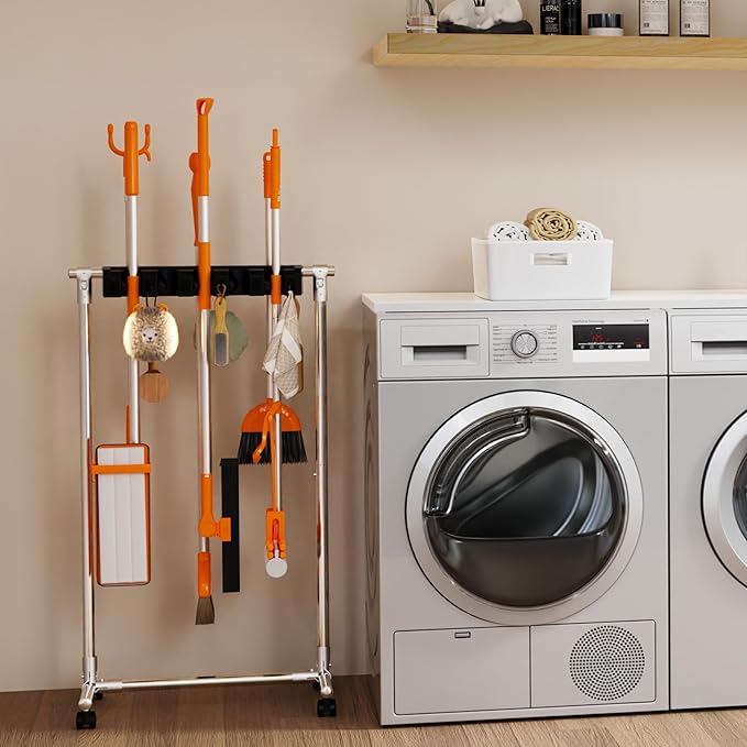No-Drill Broom Holder Laundry Room Organization, Movable Cleaning Supplies Organizer, Cleaning Cart with 10 Racks and 12 Hooks, Broom and Mop Holder for Kitchen Laundry Garden Garage