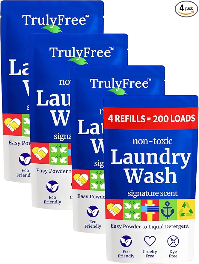 Truly Free Natural Laundry Detergent for Sensitive Skin | Eco Friendly, Plant Based, Baby Clothes Safe | Clean & Easy Powder to Liquid, 4 Pack Refill Detergent, NO Jug | Signature Scent, 200 Loads