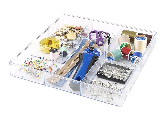 Whitmor Clear 6-Section Drawer Organizer | For Makeup & Accessories | Sturdy Resin | 11.9 x 11.9 x 1.7 Inches | Pack of 6