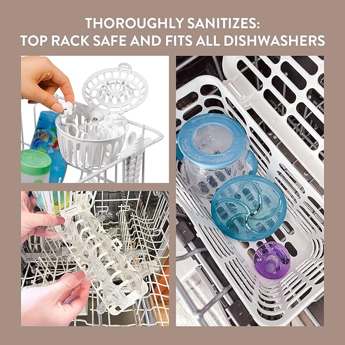 Prince Lionheart Made in USA High Capacity 3-in-1 Dishwasher & Spill Proof Vave Cleaner Basket for Toddlers Bottle Parts & Accessories, Fits All Dishwashers, 100% Recycled Plastic,White (Pack of 6)