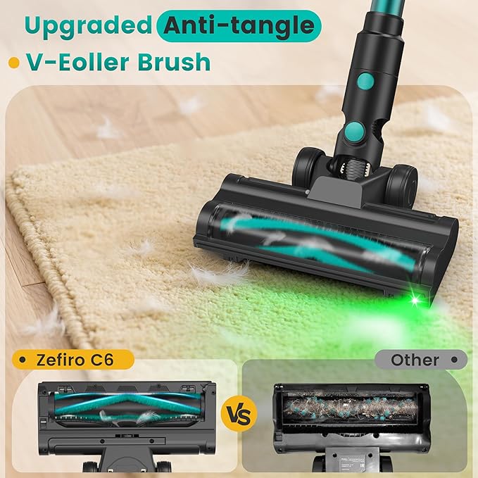 Zefiro Cordless Vacuum Cleaner,45Mins Runtime Stick Vacuum, Anti-Tangle and 1.5L Dust Cup, Lightweight Vacuum for Hardwood Floor Carpet Pet Hair (Green)