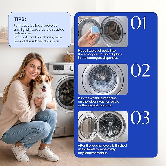 Washing Machine Cleaning Tablets to Remove Pet Fur, Odor, Grime Buildup – Deodorizing for HE, Front, Top Load Washers – Washing Machine Cleaner Tablets Safe for Septic Systems – 24 pcs