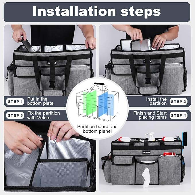 Large Cleaning Caddy Bag with Rigid Support Board, Cleaning Organizer Tote with Detachable Divider, Adjustable Shoulder Strap & Waist Belt, Cleaning Supply Carrier for Cleaners & Housekeepers