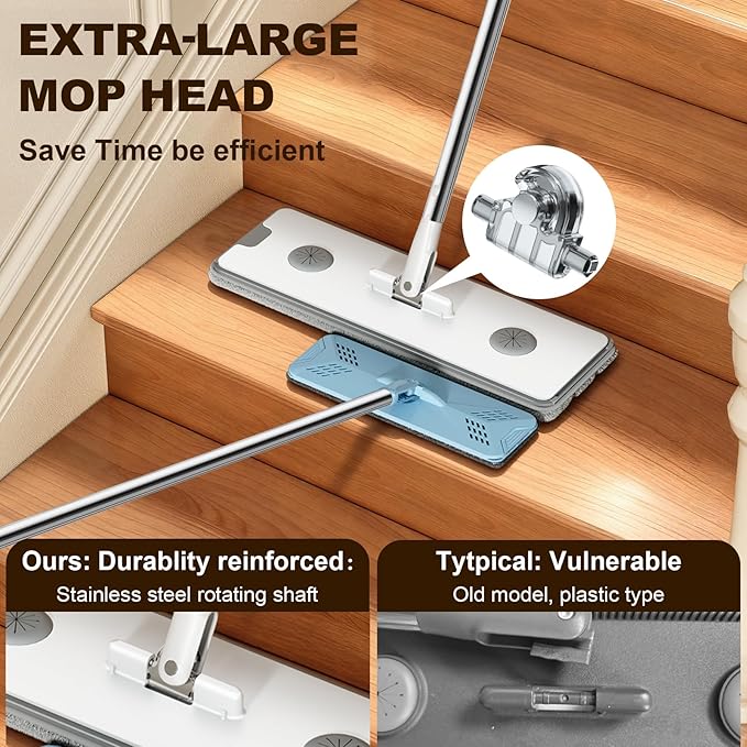 Flat Mop and Bucket System - Mop and Bucket with Wringer Set for Home | Wet Dry Mop for Apartment, Tiny Home, Windows, Wall, Hardwood Floor, RV with 6 Reusable Microfiber Cloth