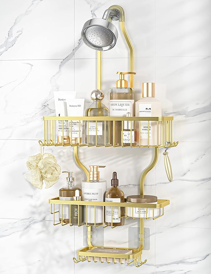 YASONIC Never Rust Shower Caddy Hanging Organizer - Aluminum Over-the-Showerhead Rack With 10 Hooks for Razor/Sponge and Soap Basket - Gold