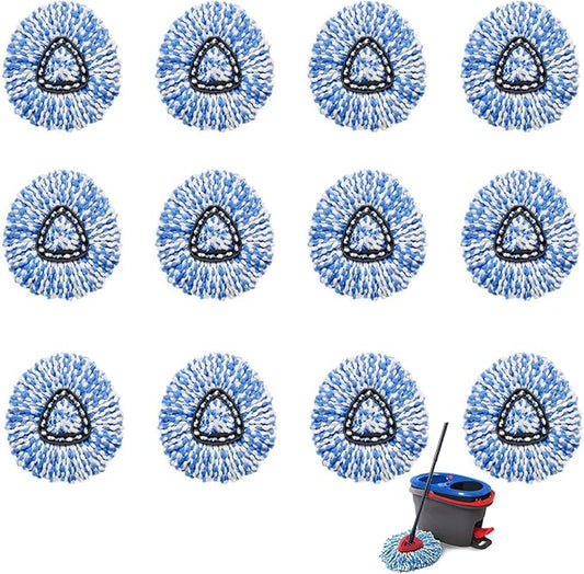 12 Pcs Spin Mop Replacement Heads, 360° Easy Wring Spin Mop 100% Microfiber Refill, Easy Cleaning Spin Mop Heads, 2 Tank System Replace Head for Easy House Cleaning Floor Mopping, Blue&White