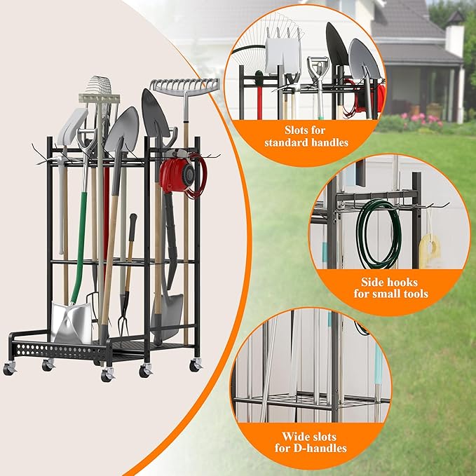Garden Tool Organizer with Wheels, Heavy-Duty Steel Garage Tool Storage Rack, 360° Rotating Yard Tool Stand for Long-Handled Tools, Lawn Tool Holder for Shovels Rakes Mops Brooms