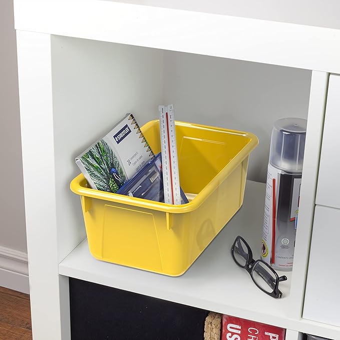 Storex Small Cubby Bins – Plastic Storage Containers for Classroom with Non-Snap Lid, 12.2 x 7.8 x 5.1 inches, Yellow, (62410U05C) (Pack of 5)